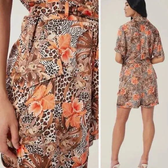 Lita by Ciera Belted Short Sleeve Romper Leopard Floral Print Womens Medium $348